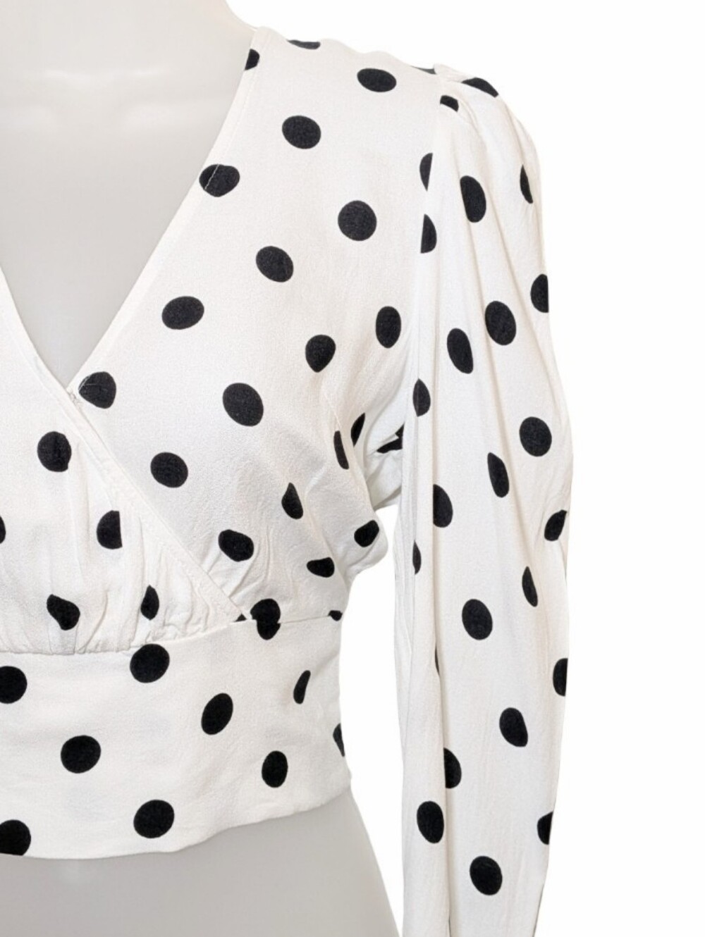 AFRM | White and Black Polka Dot V-Neck Blouse | Smocked Waist | Ballon Sleeves